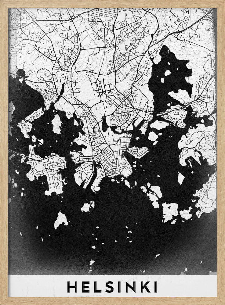A modern black and white map of Helsinki, Finland, presented in a black frame. The city's street grid is detailed in white lines on a textured black background representing the water, creating a high-contrast, minimalist design. The name 'HELSINKI' is printed in bold capital letters at the bottom on a white banner. Artwork