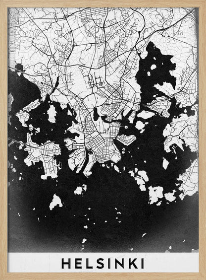 A modern black and white map of Helsinki, Finland, presented in a black frame. The city's street grid is detailed in white lines on a textured black background representing the water, creating a high-contrast, minimalist design. The name 'HELSINKI' is printed in bold capital letters at the bottom on a white banner. Artwork