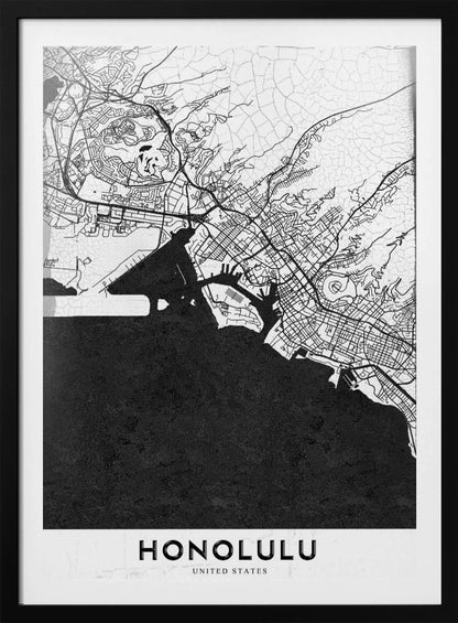 A framed, minimalist black and white map of Honolulu, Hawaii. The city's streets and coastline are rendered in black lines on a white background, while the ocean is a solid, textured black. The word 'HONOLULU' is printed in black sans-serif font at the bottom. Artwork