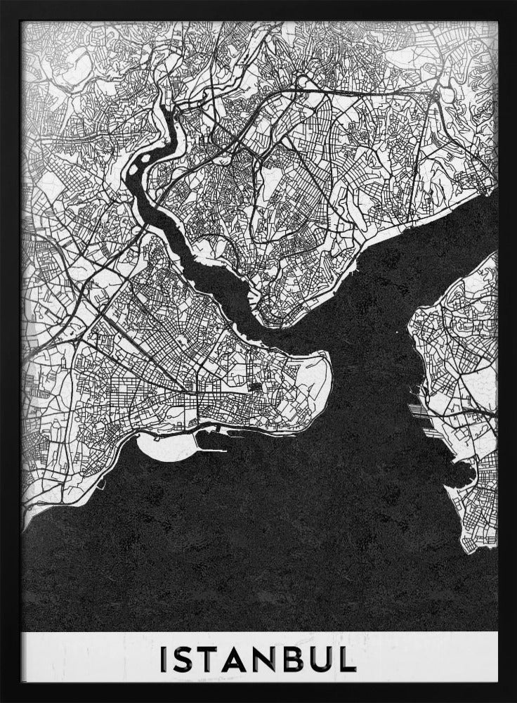 A modern black and white framed poster of a city map of Istanbul. The land is depicted in white with intricate black lines representing streets, while the bodies of water like the Bosphorus are shown in solid textured black. A white banner at the bottom displays the word 'ISTANBUL' in a bold, black, sans-serif font. Artwork