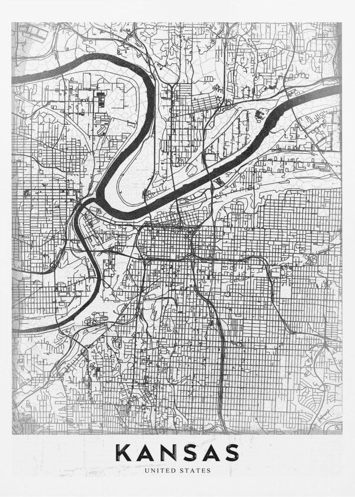 A modern, black and white line-art map of Kansas City, displayed in a black frame. The map details the intricate grid of streets and the winding path of a major river. At the bottom, a white border contains the word 'KANSAS' in bold, black capital letters. Artwork