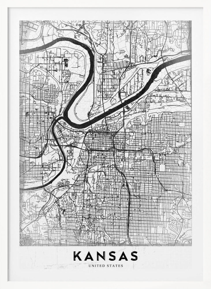 A modern, black and white line-art map of Kansas City, displayed in a black frame. The map details the intricate grid of streets and the winding path of a major river. At the bottom, a white border contains the word 'KANSAS' in bold, black capital letters. Artwork