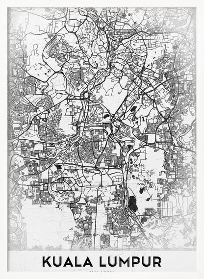A minimalist black and white street map of Kuala Lumpur, displayed in a black frame. The map shows a detailed network of roads and city blocks on a textured white background. The name "KUALA LUMPUR" is printed in a bold, modern font at the bottom. Decor