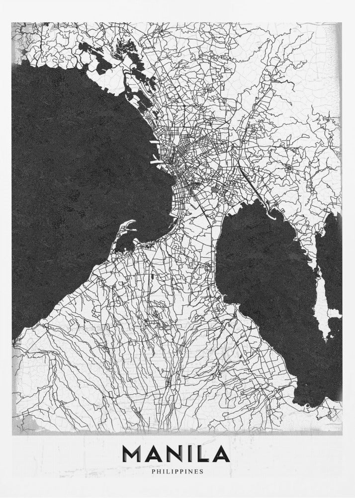 A minimalist black and white map of Manila, Philippines, presented in a black frame. The map showcases the city's intricate road network in black lines on a white landmass, contrasted against textured black bodies of water. The word 'MANILA' is printed in a bold, black sans-serif font at the bottom of the poster. Decor