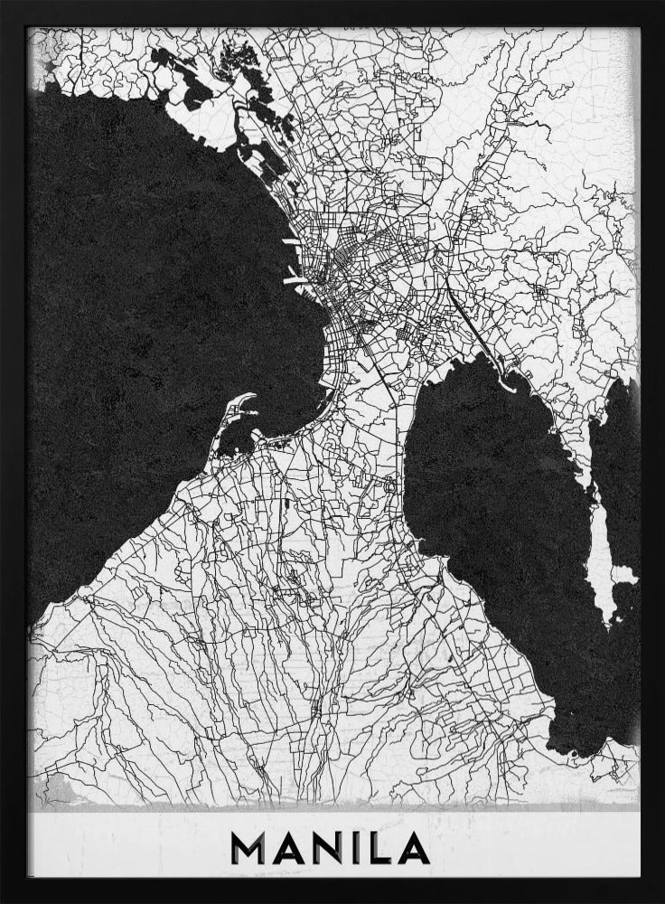 A minimalist black and white map of Manila, Philippines, presented in a black frame. The map showcases the city's intricate road network in black lines on a white landmass, contrasted against textured black bodies of water. The word 'MANILA' is printed in a bold, black sans-serif font at the bottom of the poster. Decor