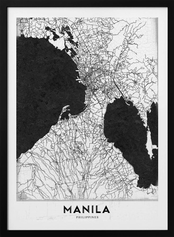 A minimalist black and white map of Manila, Philippines, presented in a black frame. The map showcases the city's intricate road network in black lines on a white landmass, contrasted against textured black bodies of water. The word 'MANILA' is printed in a bold, black sans-serif font at the bottom of the poster. Decor