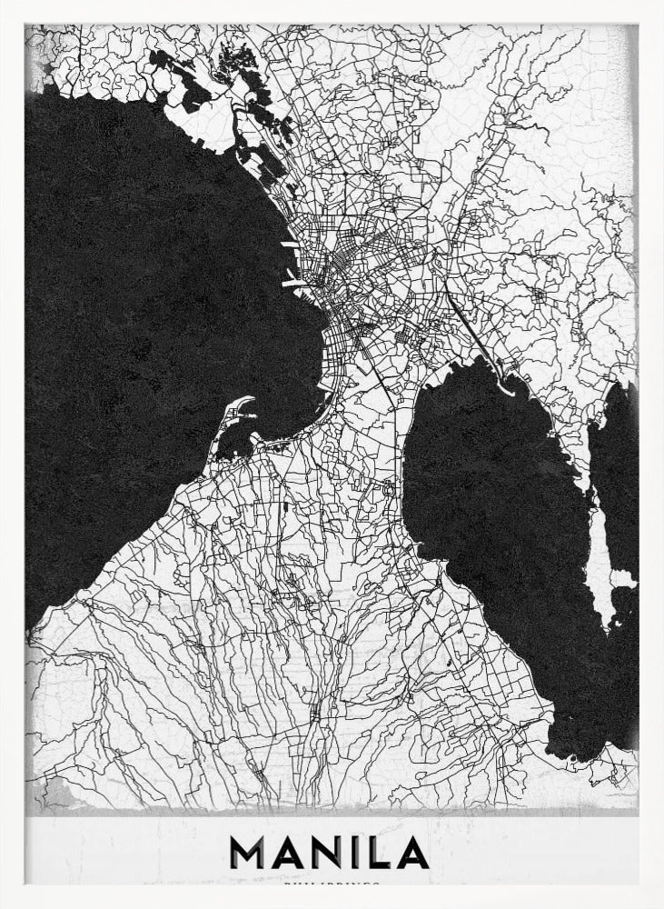 A minimalist black and white map of Manila, Philippines, presented in a black frame. The map showcases the city's intricate road network in black lines on a white landmass, contrasted against textured black bodies of water. The word 'MANILA' is printed in a bold, black sans-serif font at the bottom of the poster. Decor