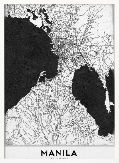 A minimalist black and white map of Manila, Philippines, presented in a black frame. The map showcases the city's intricate road network in black lines on a white landmass, contrasted against textured black bodies of water. The word 'MANILA' is printed in a bold, black sans-serif font at the bottom of the poster. Decor