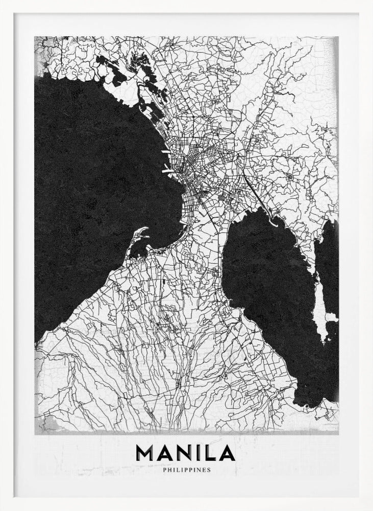A minimalist black and white map of Manila, Philippines, presented in a black frame. The map showcases the city's intricate road network in black lines on a white landmass, contrasted against textured black bodies of water. The word 'MANILA' is printed in a bold, black sans-serif font at the bottom of the poster. Decor