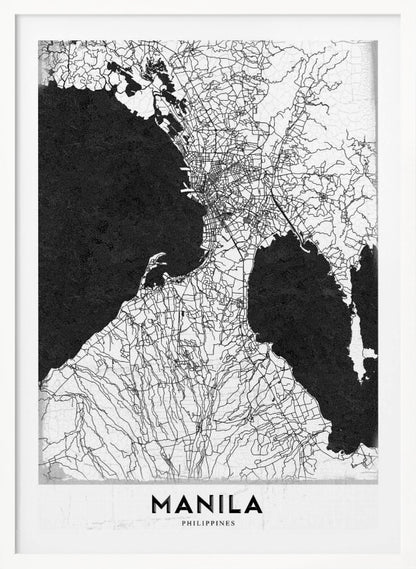 A minimalist black and white map of Manila, Philippines, presented in a black frame. The map showcases the city's intricate road network in black lines on a white landmass, contrasted against textured black bodies of water. The word 'MANILA' is printed in a bold, black sans-serif font at the bottom of the poster. Decor
