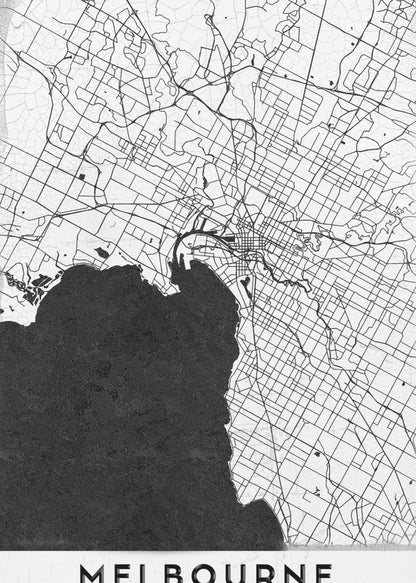 A minimalist black and white map of Melbourne, Australia, presented in a black frame. The city's road network is depicted with fine black lines on a textured white background, while the adjacent bay is shown in solid, textured black. The name 'MELBOURNE' is written in a bold, black font at the bottom. Poster
