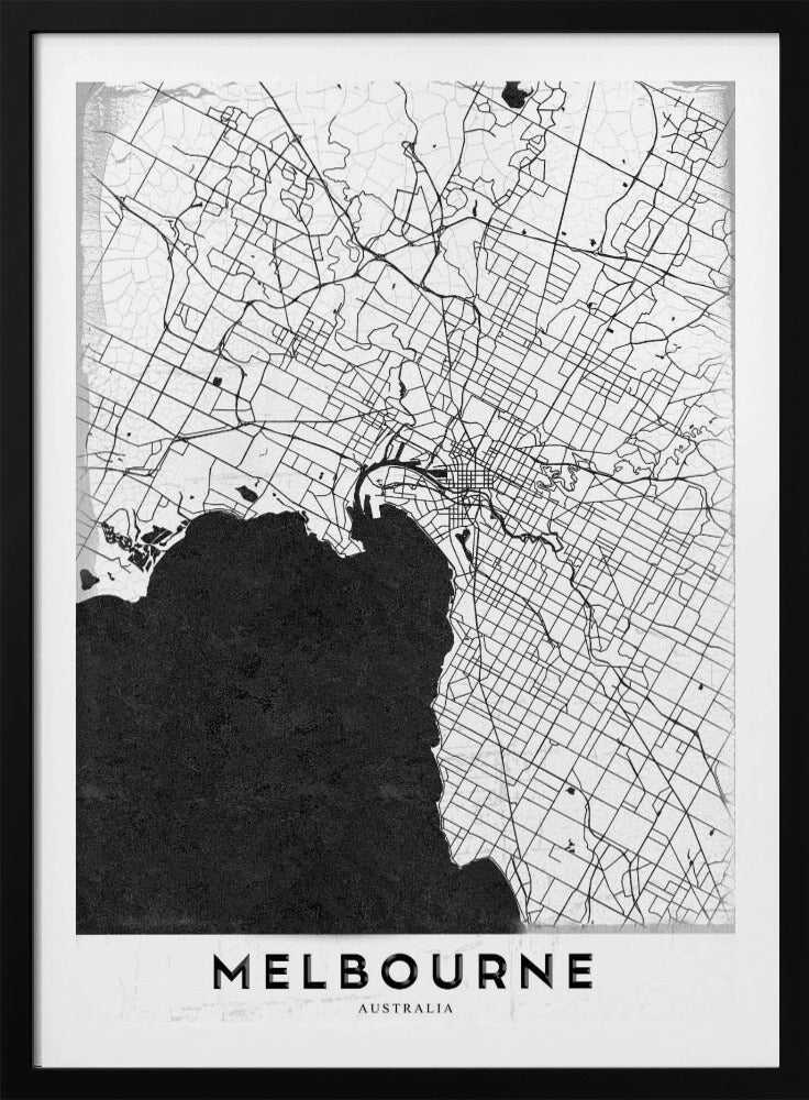 A minimalist black and white map of Melbourne, Australia, presented in a black frame. The city's road network is depicted with fine black lines on a textured white background, while the adjacent bay is shown in solid, textured black. The name 'MELBOURNE' is written in a bold, black font at the bottom. Poster