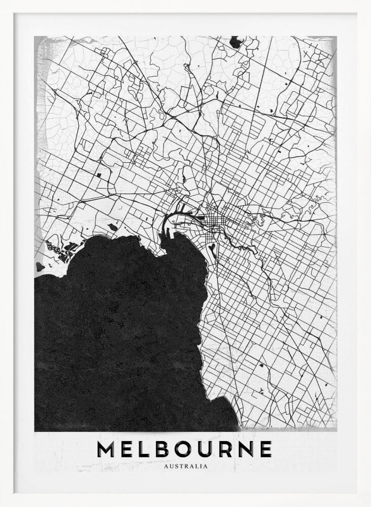 A minimalist black and white map of Melbourne, Australia, presented in a black frame. The city's road network is depicted with fine black lines on a textured white background, while the adjacent bay is shown in solid, textured black. The name 'MELBOURNE' is written in a bold, black font at the bottom. Poster