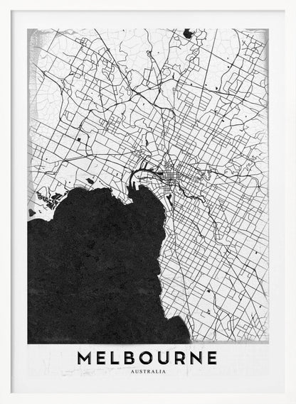 A minimalist black and white map of Melbourne, Australia, presented in a black frame. The city's road network is depicted with fine black lines on a textured white background, while the adjacent bay is shown in solid, textured black. The name 'MELBOURNE' is written in a bold, black font at the bottom. Poster