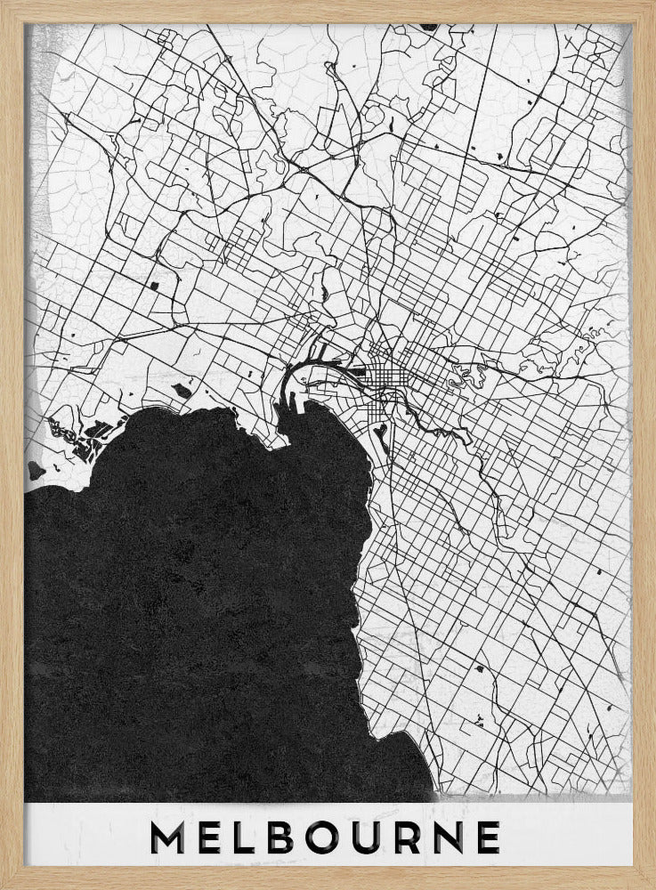A minimalist black and white map of Melbourne, Australia, presented in a black frame. The city's road network is depicted with fine black lines on a textured white background, while the adjacent bay is shown in solid, textured black. The name 'MELBOURNE' is written in a bold, black font at the bottom. Poster