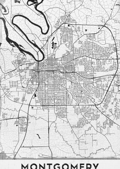 A minimalist black and white street map poster of Montgomery. The design features black lines for roads and a prominent river on a textured white background, all enclosed in a simple black frame. The city's name, 'MONTGOMERY', is displayed at the bottom. Wall Art