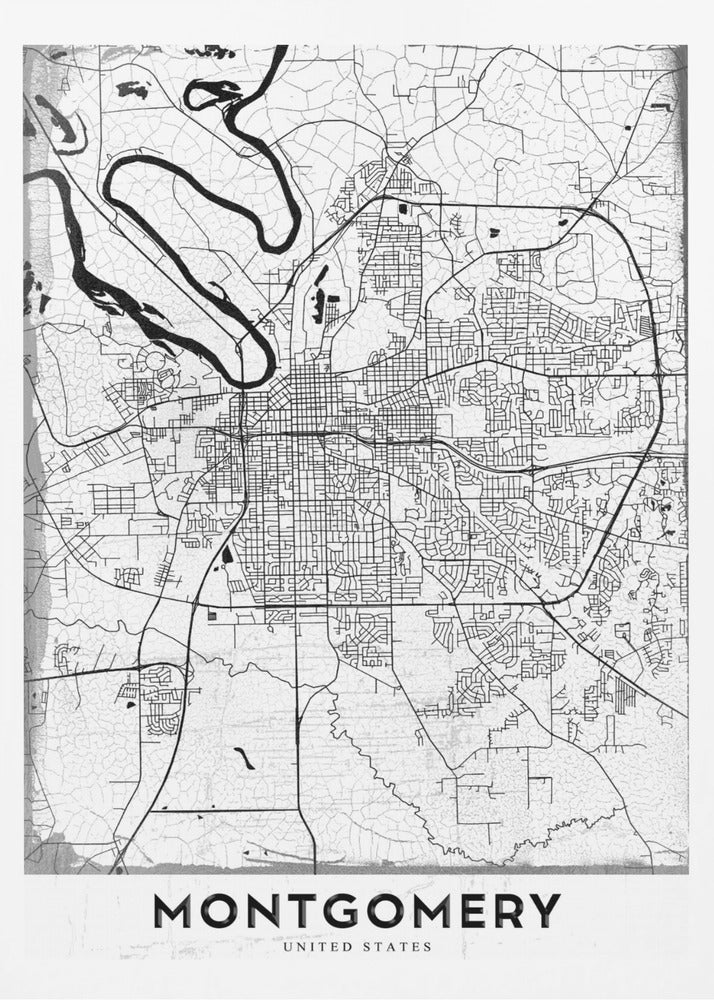 A minimalist black and white street map poster of Montgomery. The design features black lines for roads and a prominent river on a textured white background, all enclosed in a simple black frame. The city's name, 'MONTGOMERY', is displayed at the bottom. Wall Art