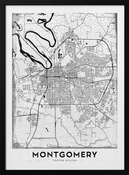 A minimalist black and white street map poster of Montgomery. The design features black lines for roads and a prominent river on a textured white background, all enclosed in a simple black frame. The city's name, 'MONTGOMERY', is displayed at the bottom. Wall Art