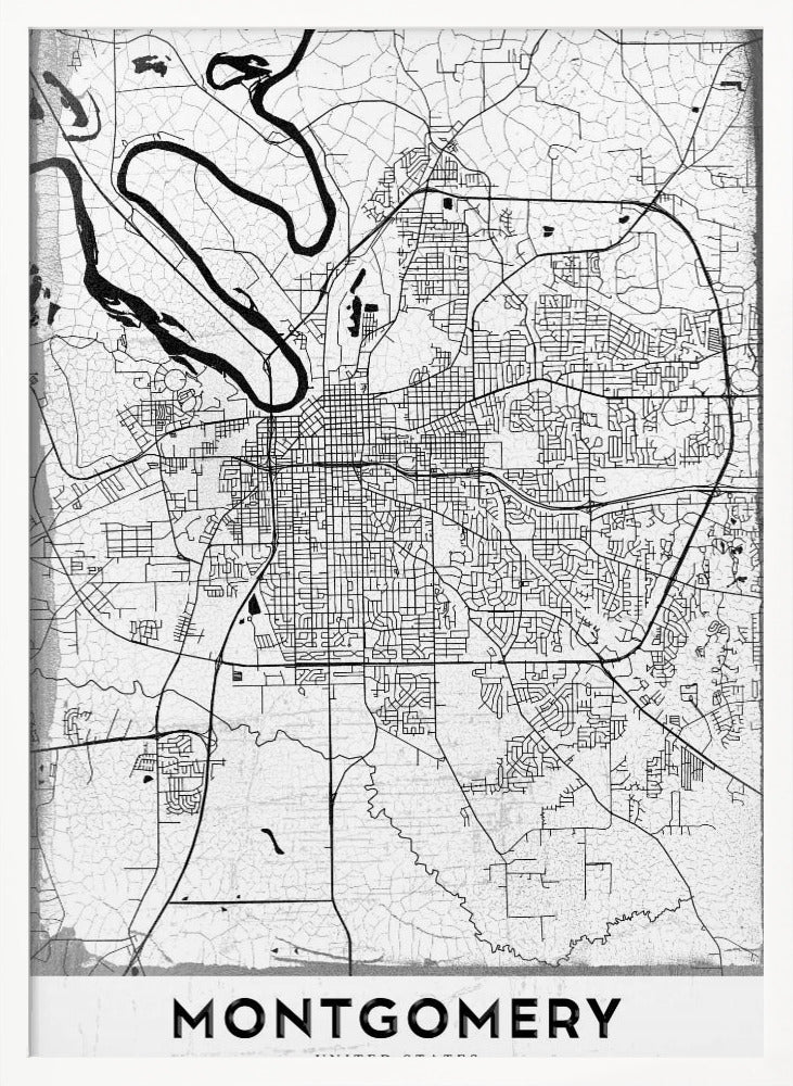A minimalist black and white street map poster of Montgomery. The design features black lines for roads and a prominent river on a textured white background, all enclosed in a simple black frame. The city's name, 'MONTGOMERY', is displayed at the bottom. Wall Art