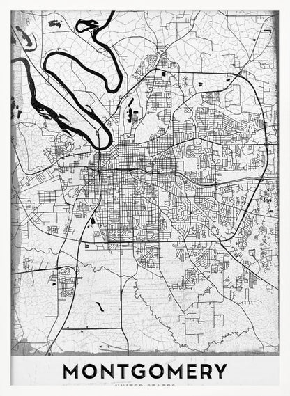 A minimalist black and white street map poster of Montgomery. The design features black lines for roads and a prominent river on a textured white background, all enclosed in a simple black frame. The city's name, 'MONTGOMERY', is displayed at the bottom. Wall Art