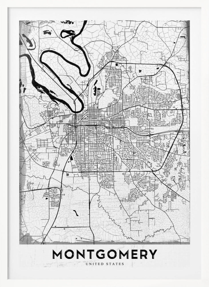 A minimalist black and white street map poster of Montgomery. The design features black lines for roads and a prominent river on a textured white background, all enclosed in a simple black frame. The city's name, 'MONTGOMERY', is displayed at the bottom. Wall Art