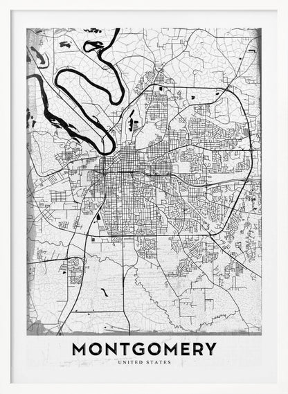 A minimalist black and white street map poster of Montgomery. The design features black lines for roads and a prominent river on a textured white background, all enclosed in a simple black frame. The city's name, 'MONTGOMERY', is displayed at the bottom. Wall Art