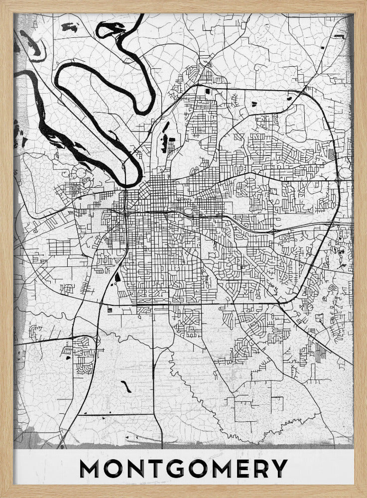 A minimalist black and white street map poster of Montgomery. The design features black lines for roads and a prominent river on a textured white background, all enclosed in a simple black frame. The city's name, 'MONTGOMERY', is displayed at the bottom. Wall Art