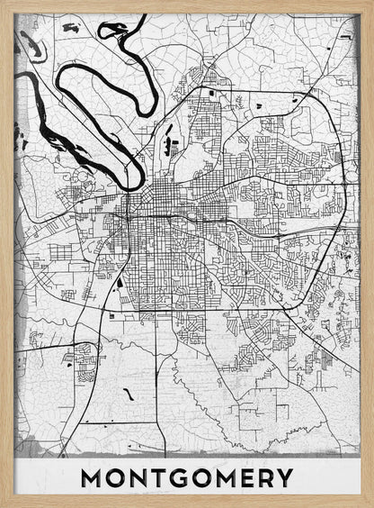 A minimalist black and white street map poster of Montgomery. The design features black lines for roads and a prominent river on a textured white background, all enclosed in a simple black frame. The city's name, 'MONTGOMERY', is displayed at the bottom. Wall Art