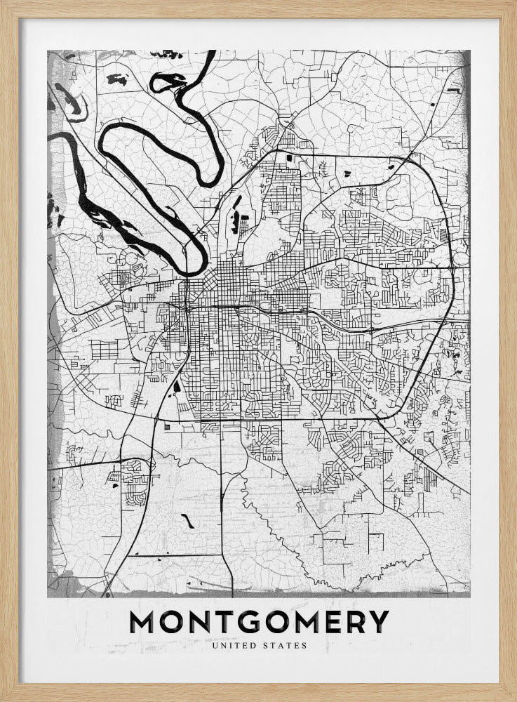 A minimalist black and white street map poster of Montgomery. The design features black lines for roads and a prominent river on a textured white background, all enclosed in a simple black frame. The city's name, 'MONTGOMERY', is displayed at the bottom. Wall Art