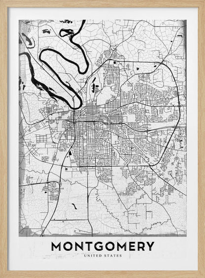 A minimalist black and white street map poster of Montgomery. The design features black lines for roads and a prominent river on a textured white background, all enclosed in a simple black frame. The city's name, 'MONTGOMERY', is displayed at the bottom. Wall Art