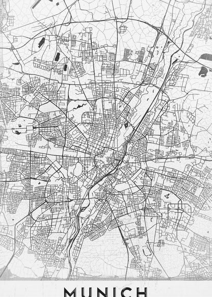 A minimalist black and white street map of Munich, Germany, presented in a thin black frame. The map shows intricate road networks and geographical features on a textured white background, with the word 'MUNICH' in a bold, black, sans-serif font at the bottom. Wall Art
