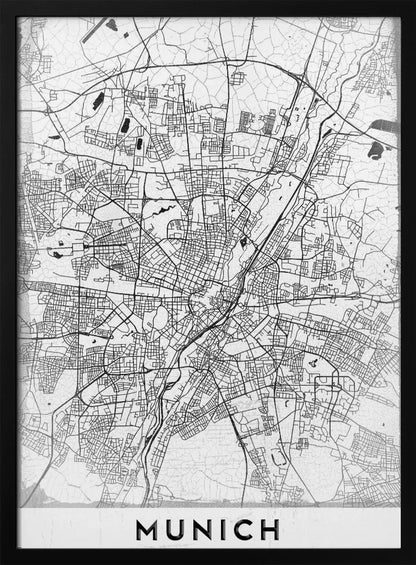 A minimalist black and white street map of Munich, Germany, presented in a thin black frame. The map shows intricate road networks and geographical features on a textured white background, with the word 'MUNICH' in a bold, black, sans-serif font at the bottom. Wall Art