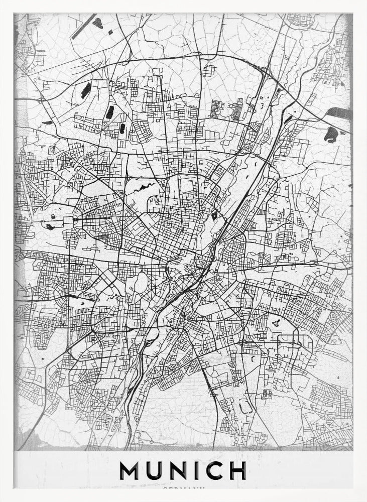 A minimalist black and white street map of Munich, Germany, presented in a thin black frame. The map shows intricate road networks and geographical features on a textured white background, with the word 'MUNICH' in a bold, black, sans-serif font at the bottom. Wall Art
