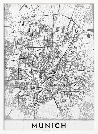 A minimalist black and white street map of Munich, Germany, presented in a thin black frame. The map shows intricate road networks and geographical features on a textured white background, with the word 'MUNICH' in a bold, black, sans-serif font at the bottom. Wall Art