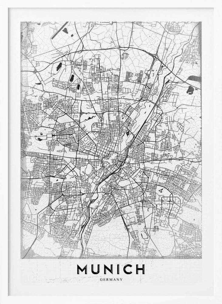 A minimalist black and white street map of Munich, Germany, presented in a thin black frame. The map shows intricate road networks and geographical features on a textured white background, with the word 'MUNICH' in a bold, black, sans-serif font at the bottom. Wall Art