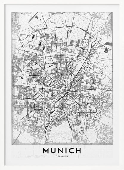 A minimalist black and white street map of Munich, Germany, presented in a thin black frame. The map shows intricate road networks and geographical features on a textured white background, with the word 'MUNICH' in a bold, black, sans-serif font at the bottom. Wall Art