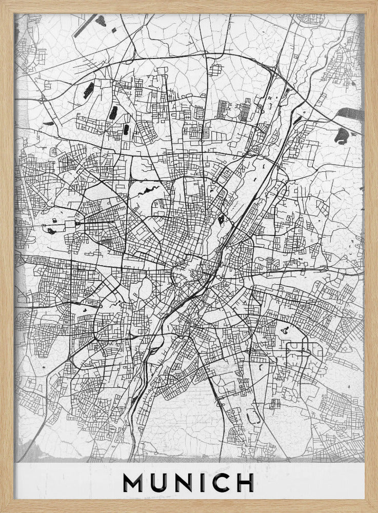 A minimalist black and white street map of Munich, Germany, presented in a thin black frame. The map shows intricate road networks and geographical features on a textured white background, with the word 'MUNICH' in a bold, black, sans-serif font at the bottom. Wall Art