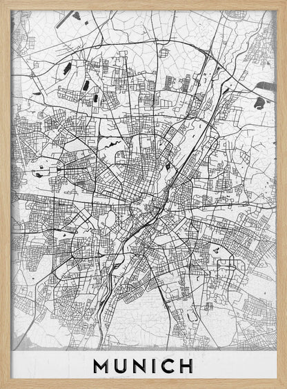 A minimalist black and white street map of Munich, Germany, presented in a thin black frame. The map shows intricate road networks and geographical features on a textured white background, with the word 'MUNICH' in a bold, black, sans-serif font at the bottom. Wall Art
