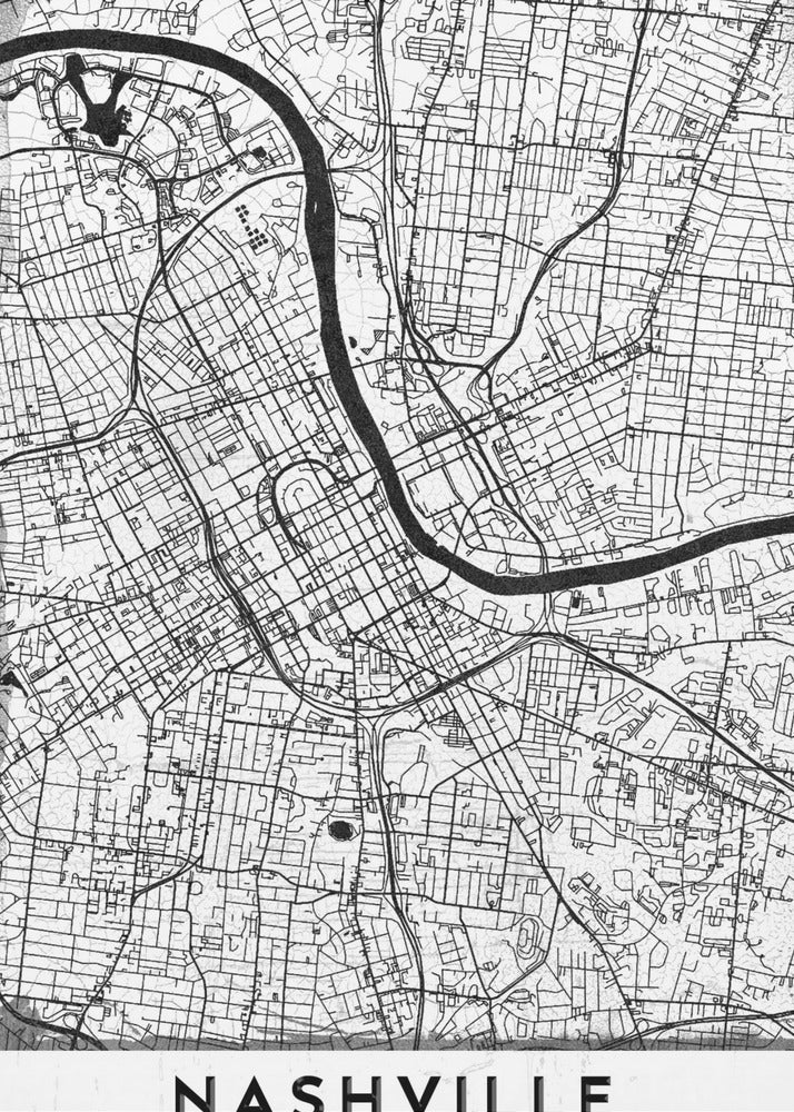 A modern, minimalist black and white street map of Nashville, Tennessee. The map details the city grid and the winding path of the Cumberland River. It is presented within a thick black frame, with the city's name 'NASHVILLE' printed in bold, black, capital letters at the bottom. Poster