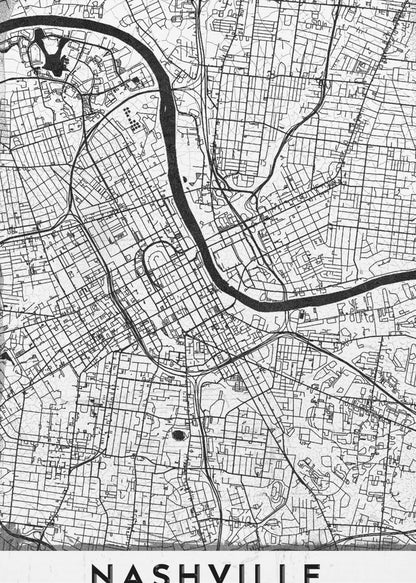 A modern, minimalist black and white street map of Nashville, Tennessee. The map details the city grid and the winding path of the Cumberland River. It is presented within a thick black frame, with the city's name 'NASHVILLE' printed in bold, black, capital letters at the bottom. Poster