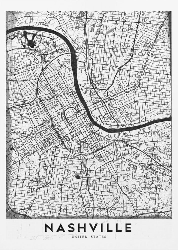 A modern, minimalist black and white street map of Nashville, Tennessee. The map details the city grid and the winding path of the Cumberland River. It is presented within a thick black frame, with the city's name 'NASHVILLE' printed in bold, black, capital letters at the bottom. Poster