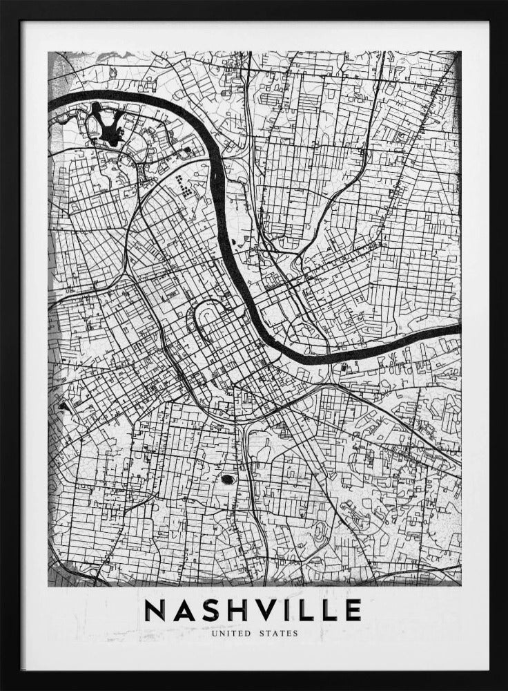 A modern, minimalist black and white street map of Nashville, Tennessee. The map details the city grid and the winding path of the Cumberland River. It is presented within a thick black frame, with the city's name 'NASHVILLE' printed in bold, black, capital letters at the bottom. Poster
