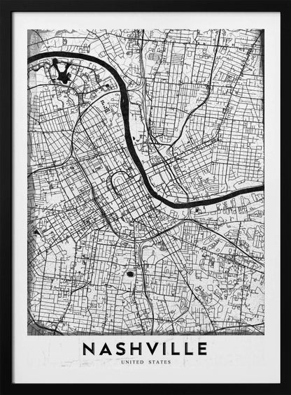 A modern, minimalist black and white street map of Nashville, Tennessee. The map details the city grid and the winding path of the Cumberland River. It is presented within a thick black frame, with the city's name 'NASHVILLE' printed in bold, black, capital letters at the bottom. Poster