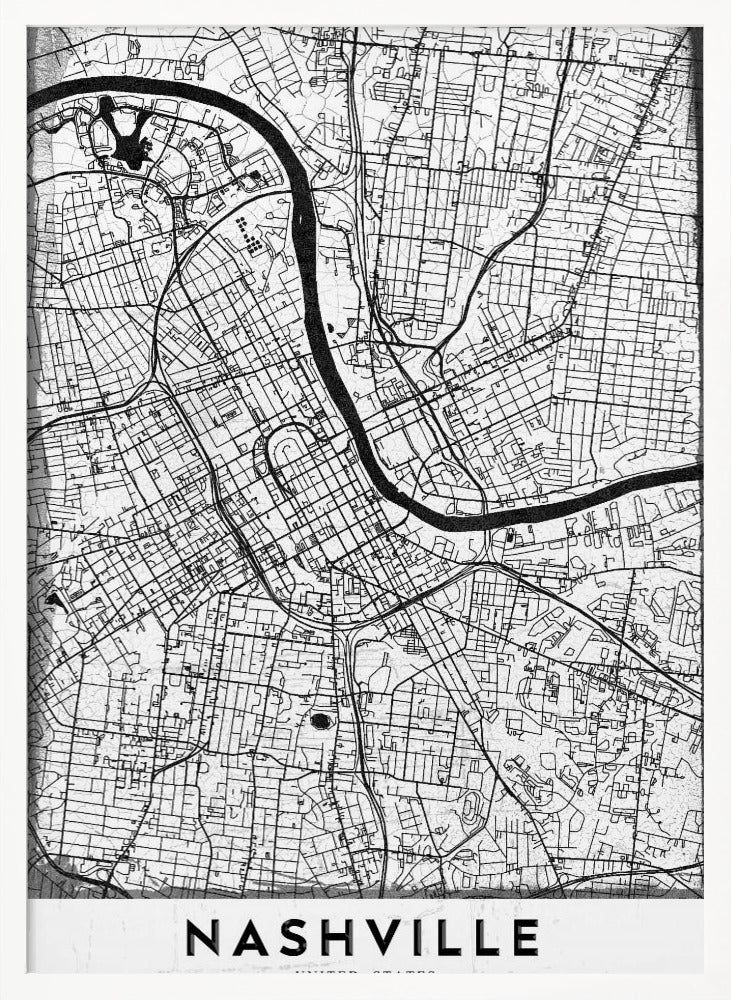 A modern, minimalist black and white street map of Nashville, Tennessee. The map details the city grid and the winding path of the Cumberland River. It is presented within a thick black frame, with the city's name 'NASHVILLE' printed in bold, black, capital letters at the bottom. Poster