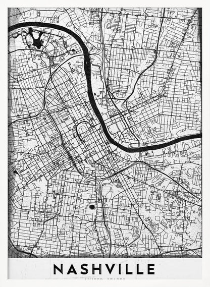 A modern, minimalist black and white street map of Nashville, Tennessee. The map details the city grid and the winding path of the Cumberland River. It is presented within a thick black frame, with the city's name 'NASHVILLE' printed in bold, black, capital letters at the bottom. Poster