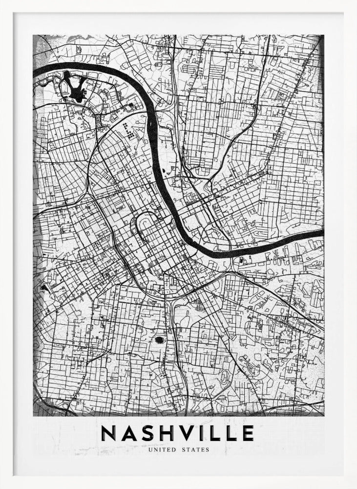 A modern, minimalist black and white street map of Nashville, Tennessee. The map details the city grid and the winding path of the Cumberland River. It is presented within a thick black frame, with the city's name 'NASHVILLE' printed in bold, black, capital letters at the bottom. Poster