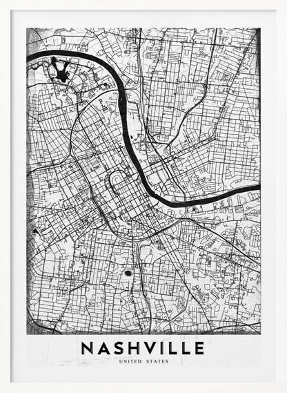 A modern, minimalist black and white street map of Nashville, Tennessee. The map details the city grid and the winding path of the Cumberland River. It is presented within a thick black frame, with the city's name 'NASHVILLE' printed in bold, black, capital letters at the bottom. Poster