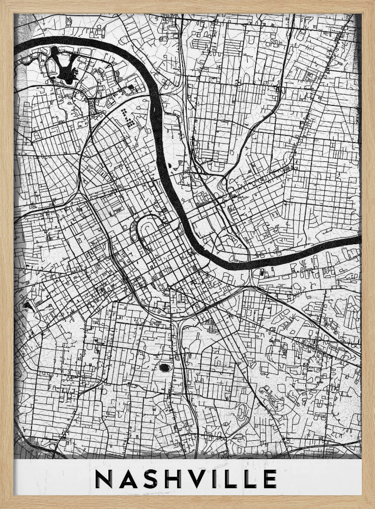 A modern, minimalist black and white street map of Nashville, Tennessee. The map details the city grid and the winding path of the Cumberland River. It is presented within a thick black frame, with the city's name 'NASHVILLE' printed in bold, black, capital letters at the bottom. Poster