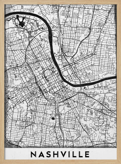 A modern, minimalist black and white street map of Nashville, Tennessee. The map details the city grid and the winding path of the Cumberland River. It is presented within a thick black frame, with the city's name 'NASHVILLE' printed in bold, black, capital letters at the bottom. Poster