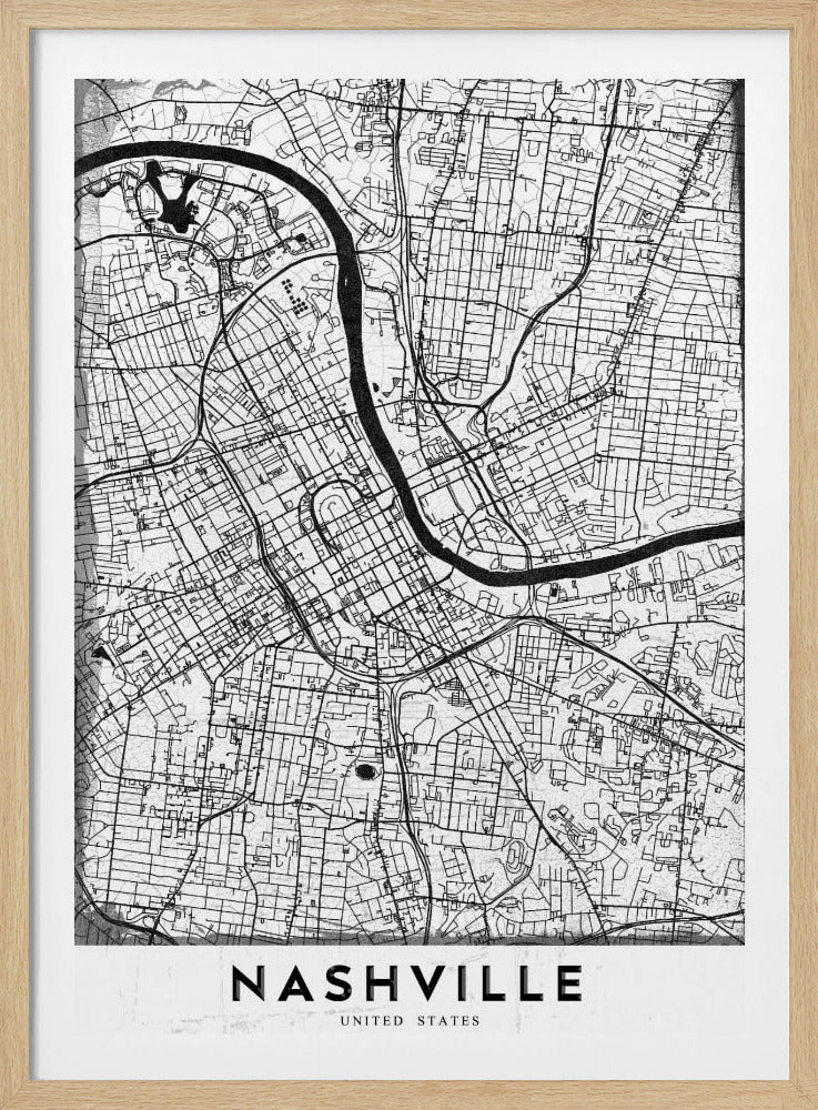 A modern, minimalist black and white street map of Nashville, Tennessee. The map details the city grid and the winding path of the Cumberland River. It is presented within a thick black frame, with the city's name 'NASHVILLE' printed in bold, black, capital letters at the bottom. Poster